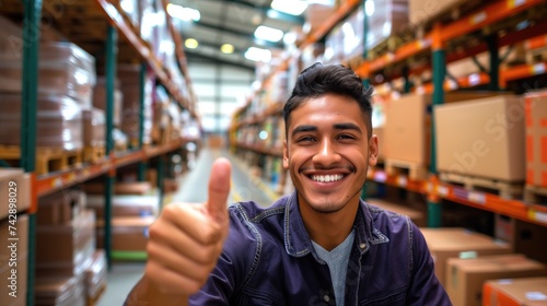 Young cheerful latino or hispanic man smiling at camera with toothy smile and his thumbs up at warehouse distribution packaging centre for logistics and delivery purposes