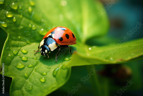 A ladybug on a leaf in the field.