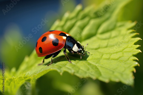 A ladybug on a leaf in the field.