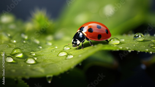 A ladybug on a leaf in the field. © Wararat