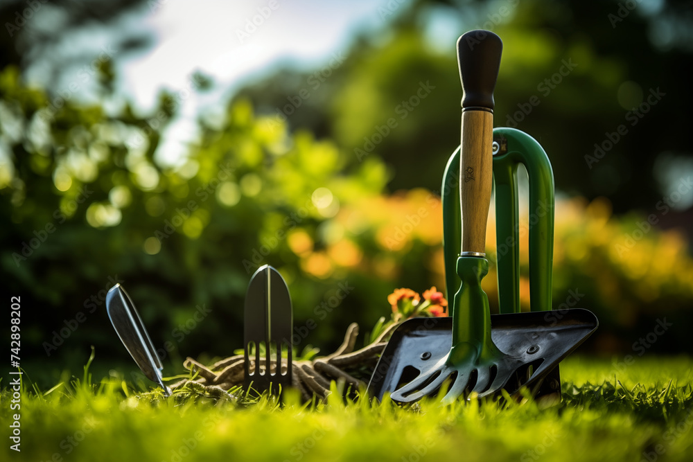 Gardening - Set Of Tools For Gardener And Flowerpots In Sunny Garden On the grass