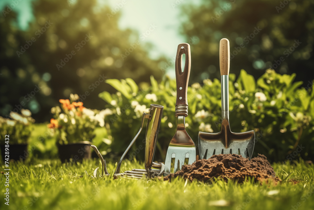 Gardening - Set Of Tools For Gardener And Flowerpots In Sunny Garden On the grass