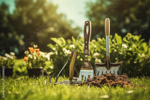 Obraz na płótnie Gardening - Set Of Tools For Gardener And Flowerpots In Sunny Garden On the grass w salonie