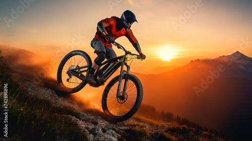 A rider with enduro mountain bike electric bike.