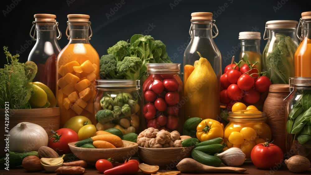 Video animation of variety of fresh vegetables, fruits, and bottled juices arranged aesthetically against a dark background Video animation of variety of fresh vegetables, fruits, and bottled juices arranged aesthetically against a dark background