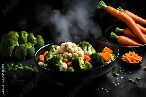 Food, vegetable, meal, panThe steam from the vegetables carrot broccoli Cauliflower in a black bowl, a steaming. Boiled hot Healthy food on table on black background,hot food and healthy meal concept photo