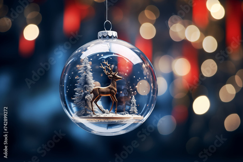 illustration of christmas snow globe, Christmas bubble with christmas tree and snow inside reniferen inside