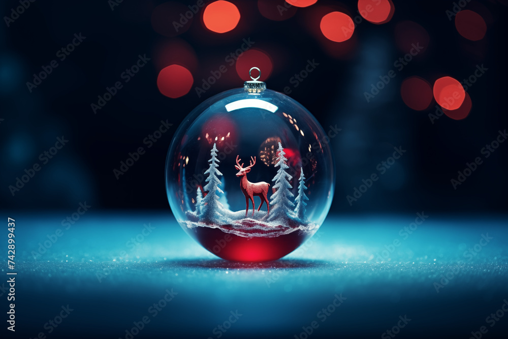 illustration of christmas snow globe, Christmas bubble with christmas tree and snow inside reniferen inside