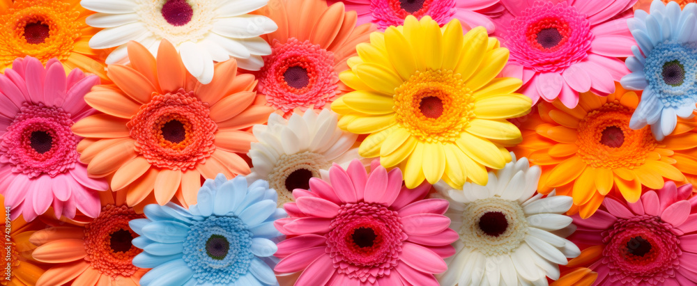 Vibrant collection of colorful gerbera daisies, symbolizing cheer and diversity, packed closely