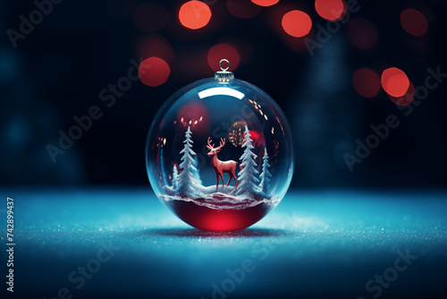 illustration of christmas snow globe, Christmas bubble with christmas tree and snow inside reniferen inside