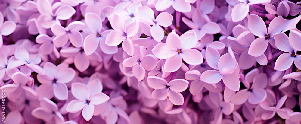 Obraz premium Close-up of vibrant purple lilacs in full bloom, conveying the beauty of nature and the arrival of spring, set against a soft-focus backdrop