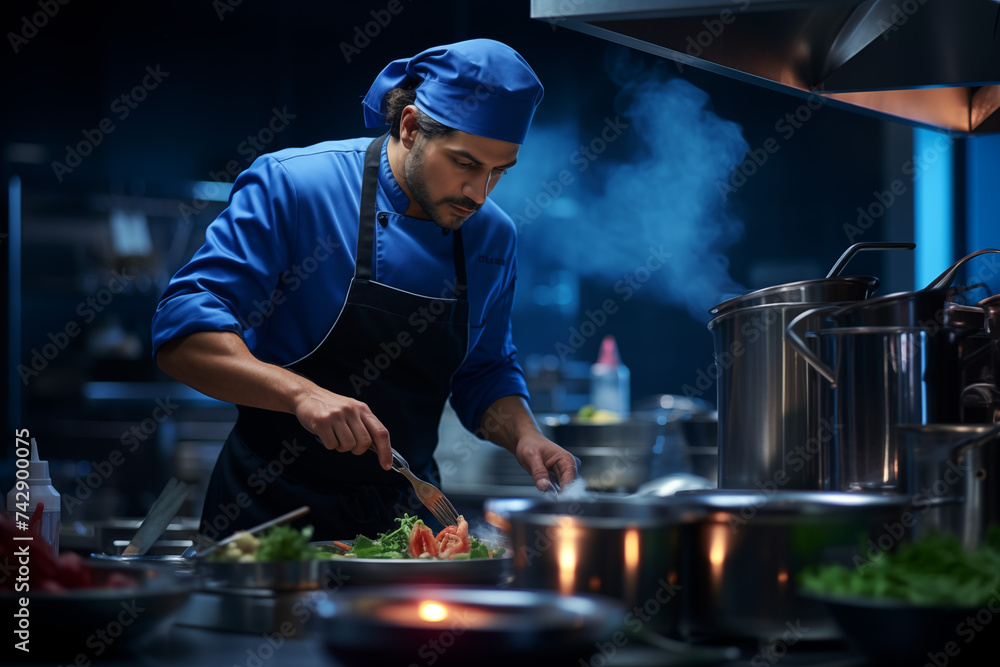 In Restaurant Professional male Chef Preparing delicious meal. Cook at work in a restaurant kitchen. Chef cooking food kitchen restaurant