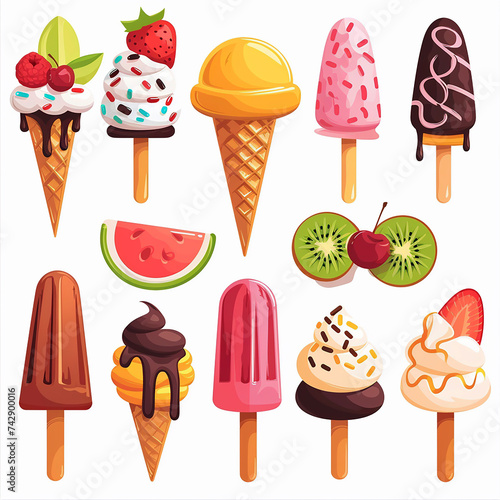  ice cream in pastel colours served in wafers with a variety of fruits and toppings. AI generative.