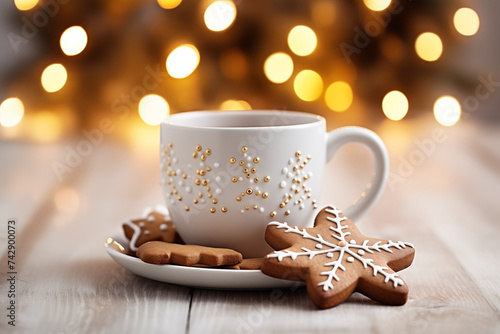  Freshly baked Christmas cookies near black coffee in a mug on a wooden background 