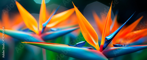 Vivid orange and blue bird of paradise flowers, sharp focus on foreground, soft bokeh background