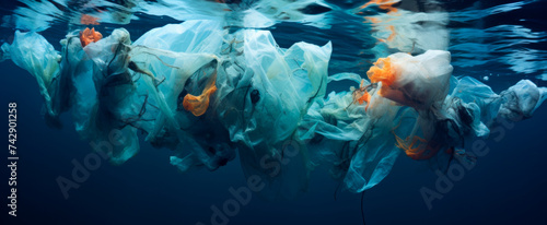 Underwater view of plastic bags polluting ocean, The scene conveys environmental concern