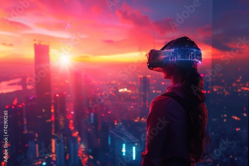 urban scene  a young woman wears VR glasses  immersed in a virtual reality experience as she gazes out over the city skyline at sunset