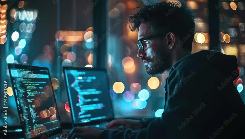 man engrossed in his computer screen, surrounded by the dim glow of the office, delving into the intricacies of software development or perhaps navigating man engrossed in his computer screen, surrounded by the dim glow of the office, delving into the intricacies of software development or perhaps navigating