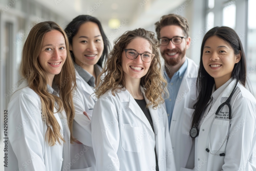 hospital setting, a diverse group of doctors and medical professionals stand together, their faces beaming with genuine happiness and camaraderie hospital setting, a diverse group of doctors and medical professionals stand together, their faces beaming with genuine happiness and camaraderie