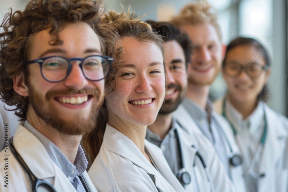 Fototapeta premium hospital setting, a diverse group of doctors and medical professionals stand together, their faces beaming with genuine happiness and camaraderie