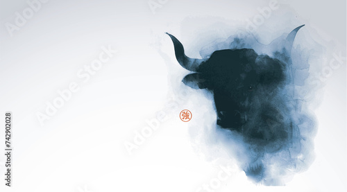 Ink wash painting with the head of a bull in mist, depicted with bold and fluid blue ink strokes, creating a sense of movement and strength. Japanese ink wash painting sumi-e. Hieroglyph - wisdom.