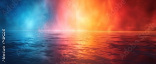 Sunrise over a tranquil lake: An abstract, glowing sky with vibrant waves of color, creating a beautiful fantasy landscape reflecting on the calm surface, perfect for background