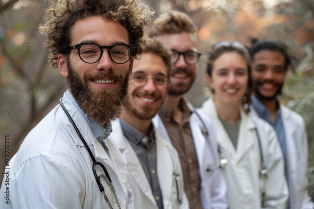 hospital setting, a diverse group of doctors and medical professionals stand together, their faces beaming with genuine happiness and camaraderie hospital setting, a diverse group of doctors and medical professionals stand together, their faces beaming with genuine happiness and camaraderie