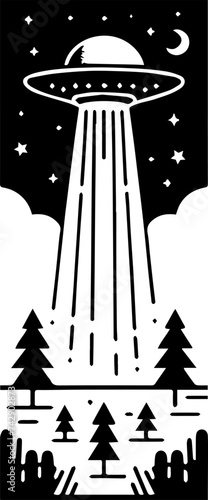 三日月の浮かぶ夜空に現れた大きなUFOから光線が降り注ぐシルエットイラスト