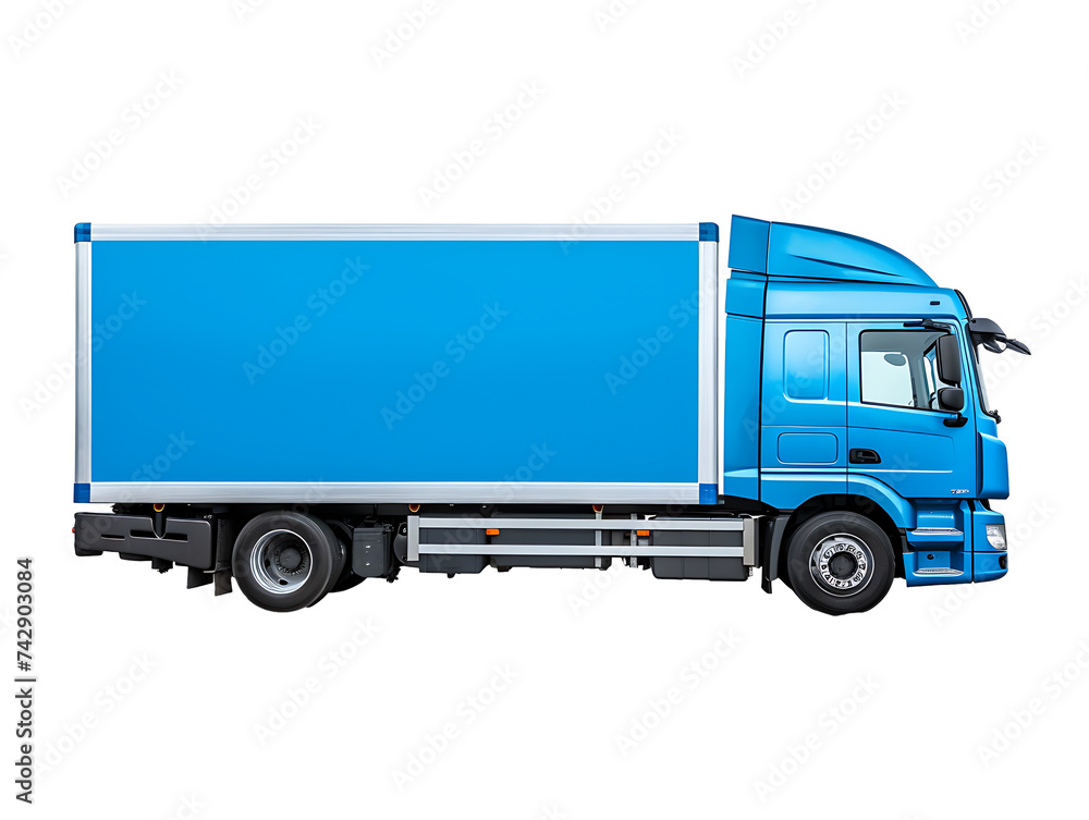 The side of a blue cargo truck on a transparent background PNG for inserting a logo.