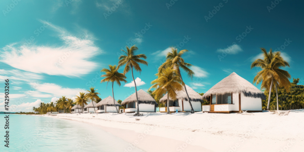 Bungalows of tropical beach with white sand, palm trees and turquoise waters.