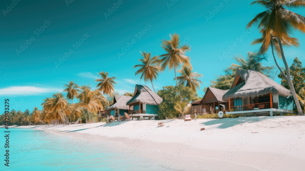 Fototapeta premium Bungalows of tropical beach with white sand, palm trees and turquoise waters.