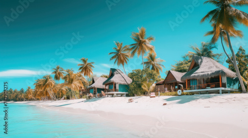 Bungalows of tropical beach with white sand  palm trees and turquoise waters.
