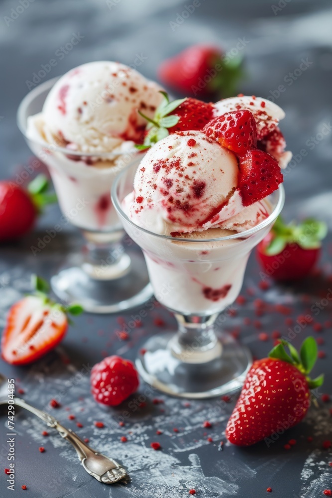 Dessert in the form of sweet creamy ice cream with strawberries Dessert in the form of sweet creamy ice cream with strawberries