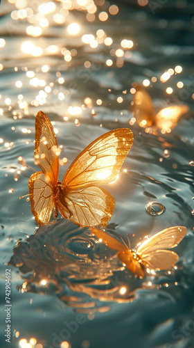 Golden Butterfly Alight on Water's Surface created with Generative AI technology photo