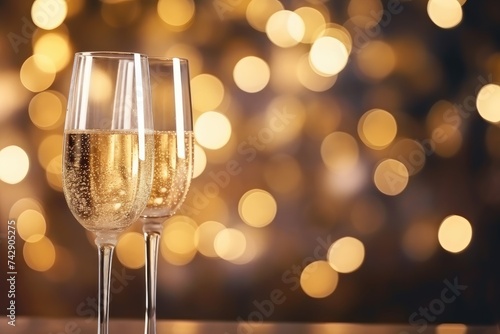  Two elegant champagne glasses filled with sparkling wine, set against a festive golden bokeh light backdrop for celebrations.
