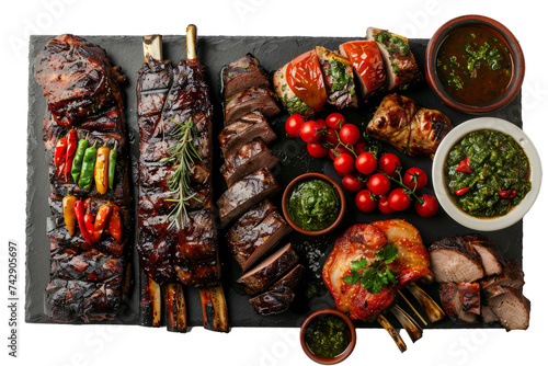 top view of an Argentinian asado, featuring assorted grilled meats such as beef ribs, chorizo, and morcilla (blood sausage), served with chimichurri sauce and grilled vegetables. photo