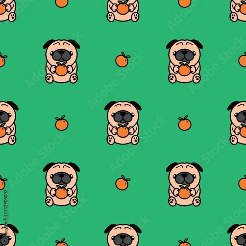 CUTE PUG IS HOLDING AN ORANGE SEAMLESS PATTERN
