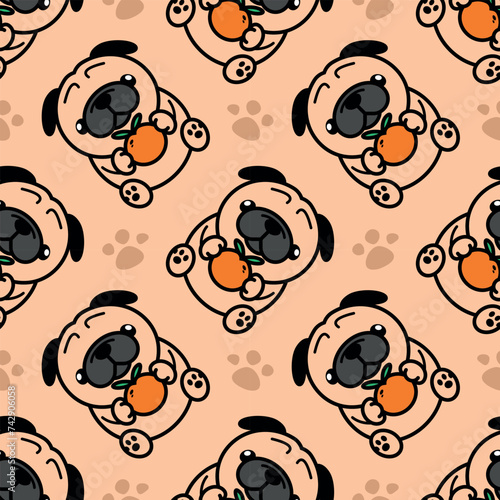 CUTE PUG IS HOLDING AN ORANGE WITH DOG PAWS SEAMLESS PATTERN