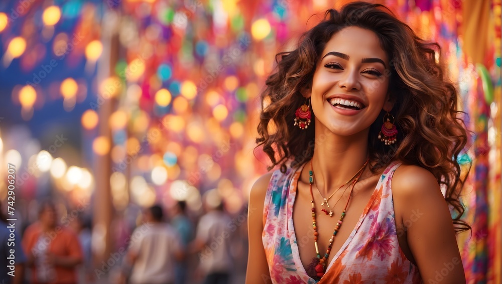 A joyful woman with a beaming smile, with a festival scene colorfully blurred behind her, capturing the essence of celebration and communal happiness