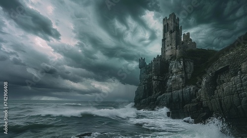 Perched atop a rugged cliff, a formidable castle kingdom overlooks a stormy sea, dark clouds swirling ominously above, crashing waves against the rocky shore below photo