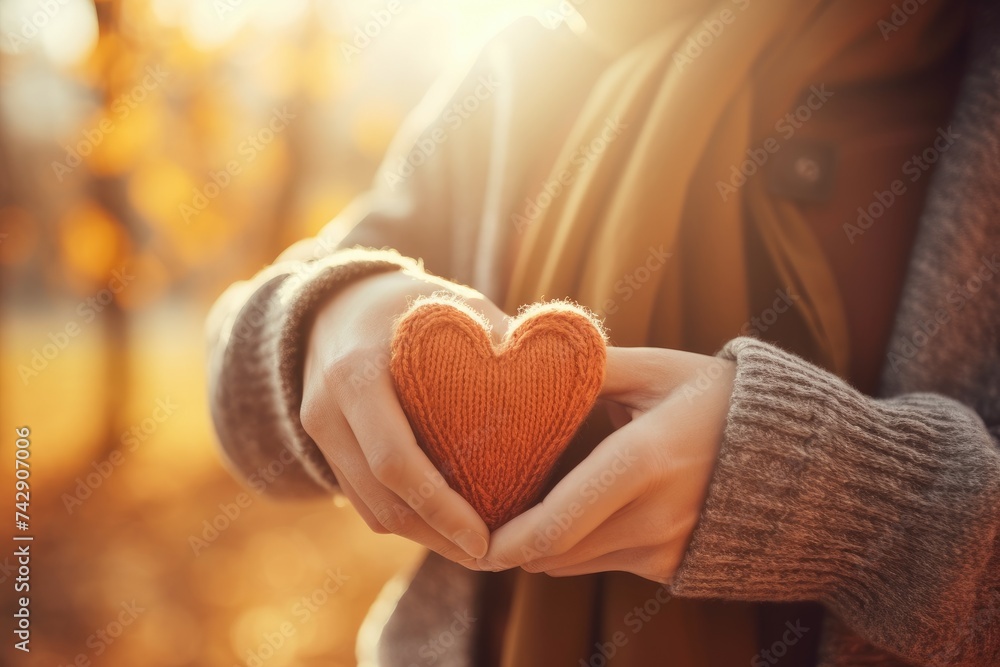A heartfelt moment captured as hands delicately hold a red heart against the warm glow of the setting sun.
A heartfelt moment captured as hands delicately hold a red heart against the warm glow of the setting sun.