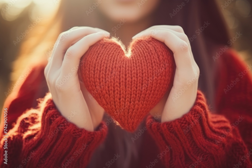 A heartfelt moment captured as hands delicately hold a red heart against the warm glow of the setting sun.
A heartfelt moment captured as hands delicately hold a red heart against the warm glow of the setting sun.