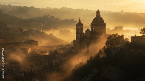 The grand San Giorgio Cathedral in Modica, Ragusa, Sicily, Italy, Europe, enveloped in a thick morning mist