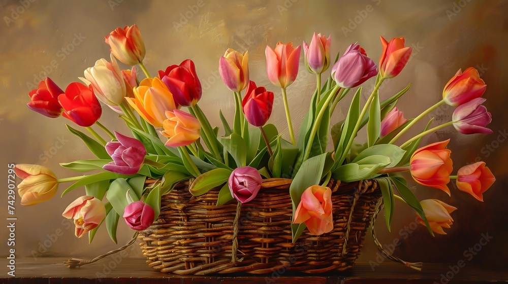 A basket with beautiful tulips