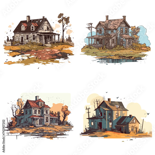 Abandoned houses old broken scary home hand drawn