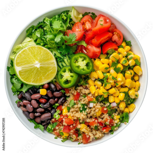 vegetarian grain salad with ingredients such as quinoa, black beans, corn and zesty lime dressing, plant-based food concept on white background.