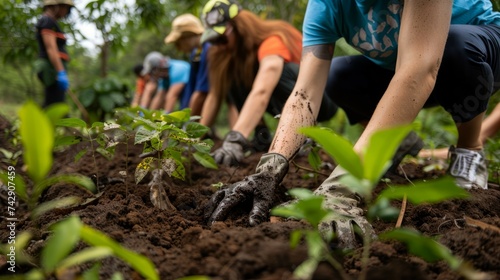 A group of volunteers are hands-on planting seedlings, working together in a community garden to promote sustainability and greening.