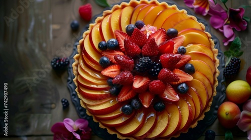 An elegant fruit tart with neatly arranged exotic fruit slices on a rustic wooden table, showcasing culinary artistry and freshness.