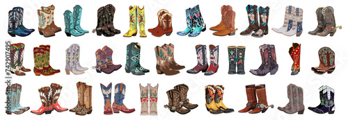 Big collection of different cowgirl boots. Traditional western cowboy boots bundle decorated with embroidered wild west ornament. Realistic vector art illustrations on transparent background. photo