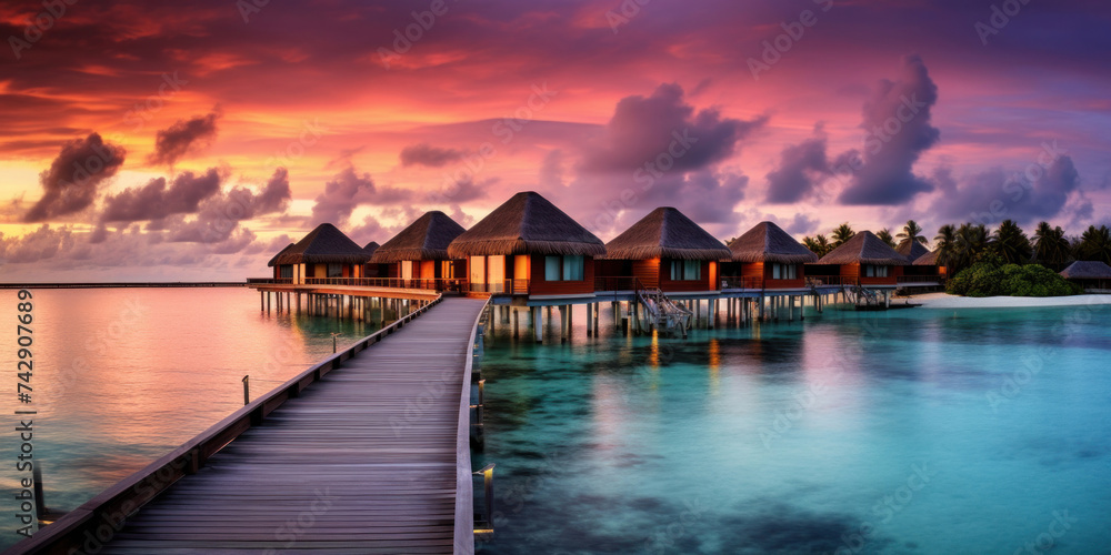 Maldives at a resort on the island at sunset. Maldives at a resort on the island at sunset.